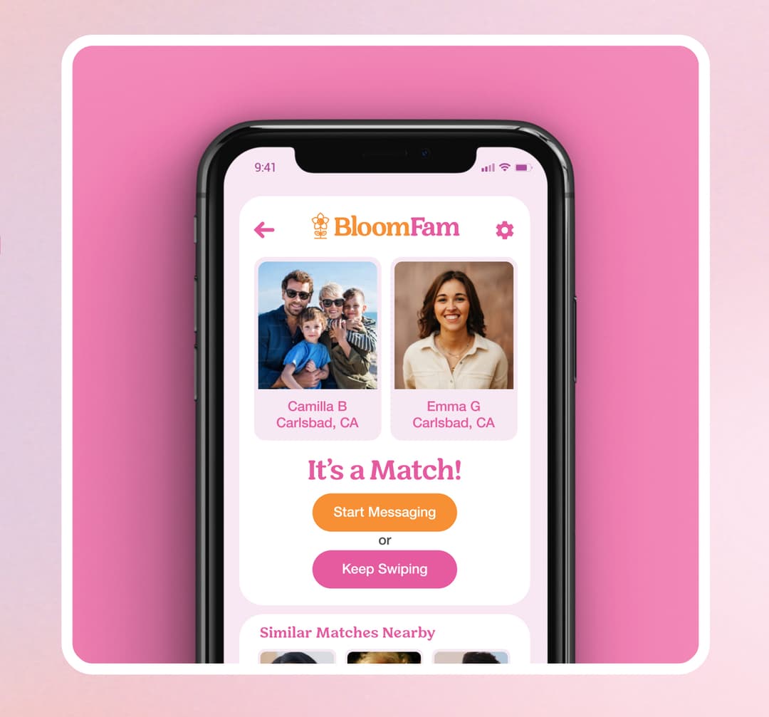 BloomFam app showing match screen